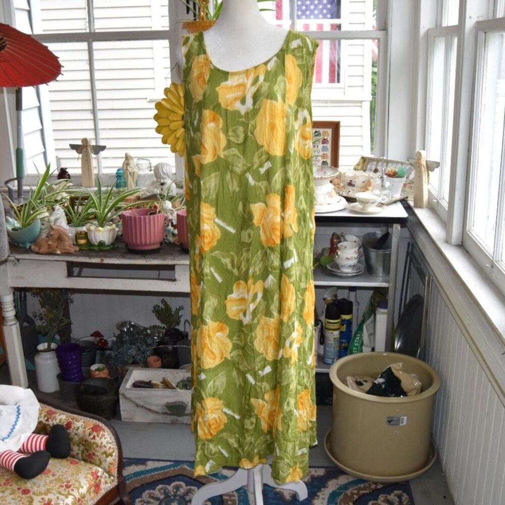 Vintage 90s Magic India Rayon Floral Maxi Dress Boho Green Yellow Size L